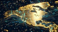 Golden North America map with glowing digital network connections and data streams representing global technology, internet connectivity and business communications.