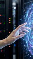 Hand of a person with light skin tone interacting with glowing digital holographic interface in server room environment. Data center technology concept for business, innovation, and digital transformation projects.