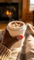Cozy winter scene with a hand in a knit sweater holding steaming hot chocolate with marshmallows by a warm fireplace.