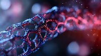 Futuristic nanotechnology structure with glowing red and blue particles forming tubular mesh against dark background with bokeh lights and digital effects.
