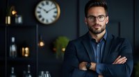 Young confident businessman in navy suit and glasses standing with arms crossed in modern dark office interior with vintage clock on wall.