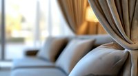 Elegant beige curtain draping near modern gray sofa in sunlit living room interior, creating cozy atmosphere with soft textiles and natural lighting.
