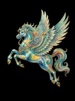 Ornate winged horse with gold and teal details, isolated on transparent background, ready for stickers, sublimation, t-shirt design, and print on demand.