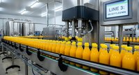 Industrial orange juice bottling line with automated filling machinery in modern beverage production facility. Manufacturing equipment processes drinks efficiently.