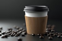Disposable coffee cup with brown sleeve surrounded by scattered roasted coffee beans on dark background, dramatic lighting creates moody atmosphere.