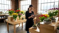 Young Asian woman florist using smartphone in bright flower shop with colorful tulips and spring blooms, small business owner managing orders.