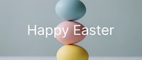 Pastel Easter eggs stacked in a balanced tower with Happy Easter text on a soft gray background, perfect for spring holiday greetings.