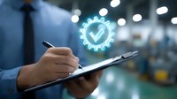 Professional in blue shirt holding clipboard with glowing neon gear checkmark icon overlay, representing quality control and inspection in manufacturing facility.