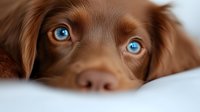 Close up portrait of chocolate brown dog with striking blue eyes lying on white bedding, looking up with innocent expression and soft gaze.