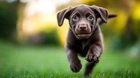 Playful chocolate Labrador puppy running towards camera with paw extended on green grass background with natural bokeh effect. For pet photography and animal care marketing.