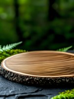 Natural wood slice with bark edge on dark stone surface against blurred green forest background with fern leaves, rustic product display platform.