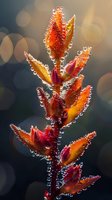 Vibrant orange and red autumn leaves covered in morning dew drops create magical macro photography composition with natural bokeh background and dramatic lighting.