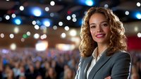 Young mixed race businesswoman with curly hair and confident smile presenting at conference, blurred audience and stage lights in background, professional corporate setting.