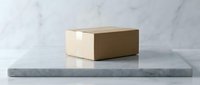 Closed kraft cardboard box on marble surface for shipping, packaging, and product display mockup purposes.