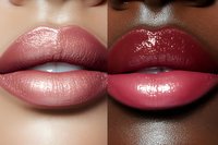 Close up of contrasting light and dark skin tones showing glossy lipstick in pink and red shades, highlighting diversity in beauty and cosmetic advertising.