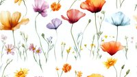 Delicate watercolor poppies and wildflowers in orange, pink, purple and blue tones on white background, seamless pattern for fabric, wallpaper and stationery design.