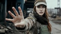 Young Caucasian woman in tactical military gear and cap making stop gesture with hand, serious expression, dark urban background, dramatic cinematic style.