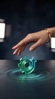 Woman's hand reaching toward glowing green gear symbol with neon light effect on dark surface, representing technology innovation and digital transformation for business solutions.