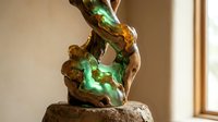 Abstract sculptural form with flowing organic curves and iridescent green lighting effects on textured base creating modern artistic ambiance for interior design.