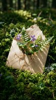 Kraft paper envelope with wild violet flowers and fern growing from it, resting on green forest moss in soft sunlight.