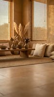 Warm minimalist living room with bamboo blinds, pampas grass decor, wooden coffee table and neutral cushions creating cozy natural atmosphere.