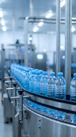 Plastic water bottles moving along conveyor belt in modern beverage manufacturing facility with industrial equipment and blue lighting throughout production line.