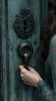 Mysterious hand with tattoo reaching for antique door handle on weathered turquoise door with ornate keyhole plate, creating dark atmospheric mood.