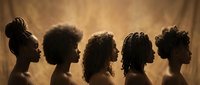 Silhouettes of five women with diverse natural curly and textured hairstyles against warm golden background showcasing African American beauty and hair diversity.