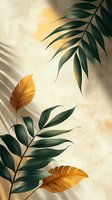 Tropical palm leaves and golden foliage cast shadows on beige textured background, creating minimalist botanical composition with warm sunlight effect.