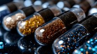 Colorful pharmaceutical capsules filled with glittering microbeads for medical research and drug development applications in healthcare industry.