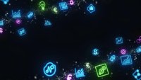Glowing neon business and technology icons floating on dark background for digital marketing presentations and corporate design projects.