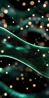 Glowing emerald wave of particles with golden bokeh lights on dark background creates magical atmosphere for technology and science designs.