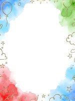 Watercolor frame with balloons, stars and clouds in pastel colors. White center space for text or design elements. Party celebration border template.
