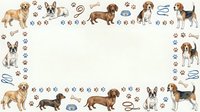 Adorable dog breeds border frame with paw prints, bones and pet accessories on white background for pet care, veterinary and animal lover designs.