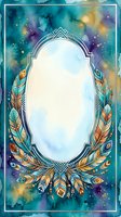 Watercolor oval frame with decorative feathers and geometric border on cosmic background for invitations, cards, and design projects.