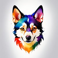 Colorful wolf head portrait in rainbow gradient style with artistic watercolor splatter effect on white background, ready for print and merchandise designs.
