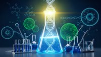 Scientific laboratory glassware with glowing DNA helix and molecular structures for biotechnology research and genetic engineering experiments.