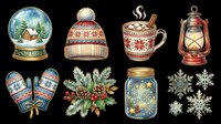 Festive winter holiday collection featuring snow globe, knit beanie, ceramic mug with spoon, vintage lantern, mittens, evergreen garland, mason jar, and snowflakes. Isolated on transparent background, ready for t-shirts, stickers, and print-on-demand designs.