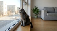 Gray tabby cat sitting by large window in modern living room with city view, natural sunlight streaming through glass creating warm atmosphere for pet lifestyle.