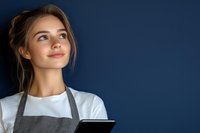 Young female barista in gray apron and white t-shirt holding digital tablet, looking up with confident smile against dark blue background. Professional service industry portrait.