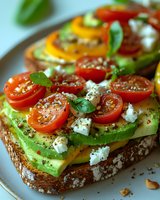 Fresh avocado toast topped with sliced cherry tomatoes, crumbled feta cheese, herbs and seasonings on rustic bread, served on white ceramic plate.