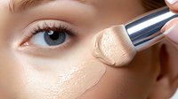 Makeup artist applying liquid foundation with professional brush on caucasian woman face. Close up of concealer application under eye area. Beauty cosmetics procedure.