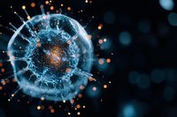 Glowing blue virus cell with spiky surface against dark background with bokeh lights and particles, scientific visualization for medical and healthcare concepts.