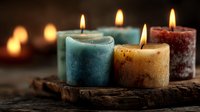 Colorful aromatic candles burning on rustic wooden tray creating warm ambient lighting for spa relaxation and home decor atmosphere.