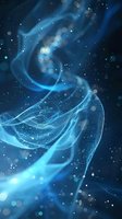 Ethereal blue particle wave formation with glowing dots and flowing mesh structure against dark background, creating mystical atmospheric effect for tech designs.