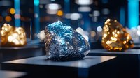 Raw blue and silver metallic mineral specimen displayed on dark surface with golden crystals in background, dramatic lighting creates mystical atmosphere in gallery setting.