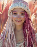 Young woman with pink dreadlocks and glitter face makeup wearing knit beanie against sunset background. Ethereal festival style portrait with dreamy lighting and bohemian aesthetic.