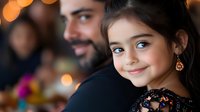 Young girl with dark hair and light skin tone, wearing black lace clothing and gold earrings, smiling at camera with blurred father figure and warm bokeh lights in background. Family bonding moment.