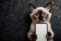 Adorable Siamese kitten with blue eyes holding blank white sign against dark sparkly background for pet advertising and promotional campaigns.