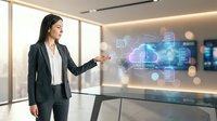 Professional Asian businesswoman presenting holographic data visualization and digital interface technology in modern corporate office environment.